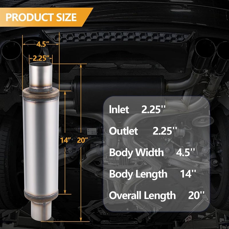 Piclafe 2.25 Inch Exhaust Muffler, 2.25" Inlet/Outlet 20" Overall Length Resonator, Stainless Steel Straight Through Design Performance Muffler, 1 PC - Image 2